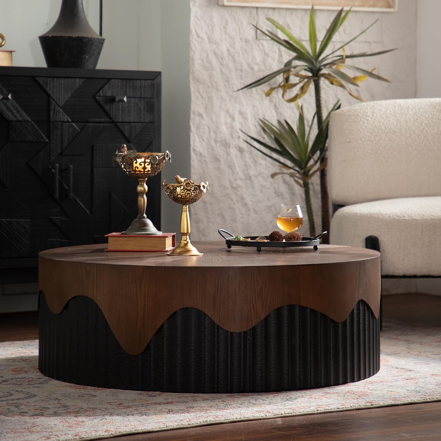 38.97'' Handcrafted Round Coffee Table for Living Room, Modern Mid-Century Circle Drum Wood Coffee Table, Easy Assembly, Black & Walnut
