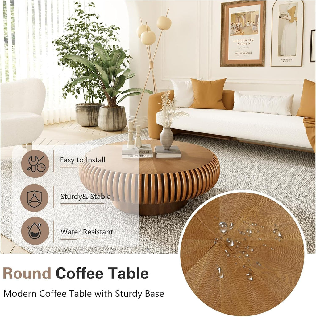 Round Drum Coffee Table Modern Coffee Tables Fluted Coffee Table Circle Center Table Pedestal End Table for for Living Room Bedroom(Brown 39.4in)