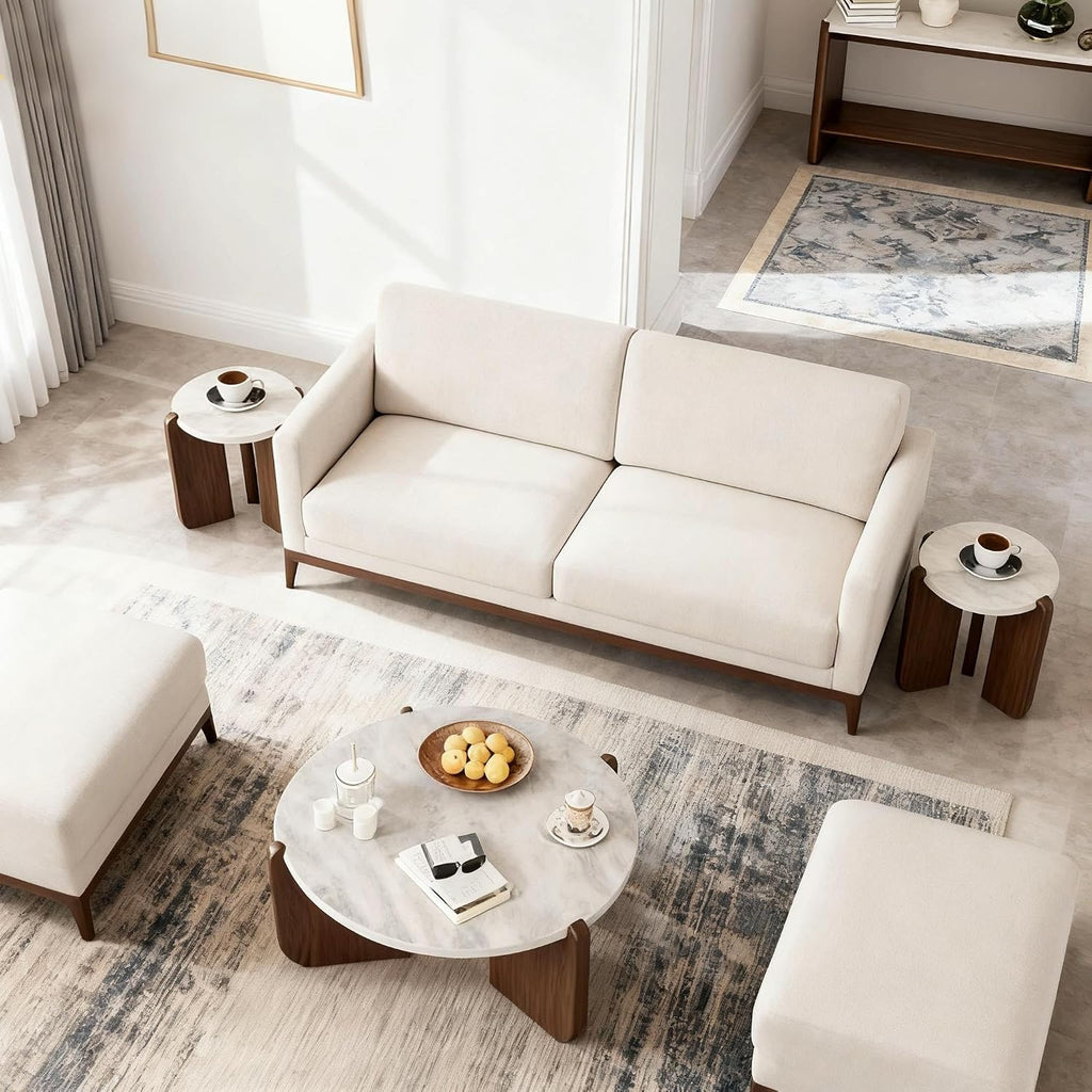 HOMPUS Coffee Table and End Table Sets, Round Faux Marble Modern 3-Piece Living Room Table Sets for Living Room, Office, Apartment, Bedroom, Easy to Assemble Living Room Furniture, Faux Marble