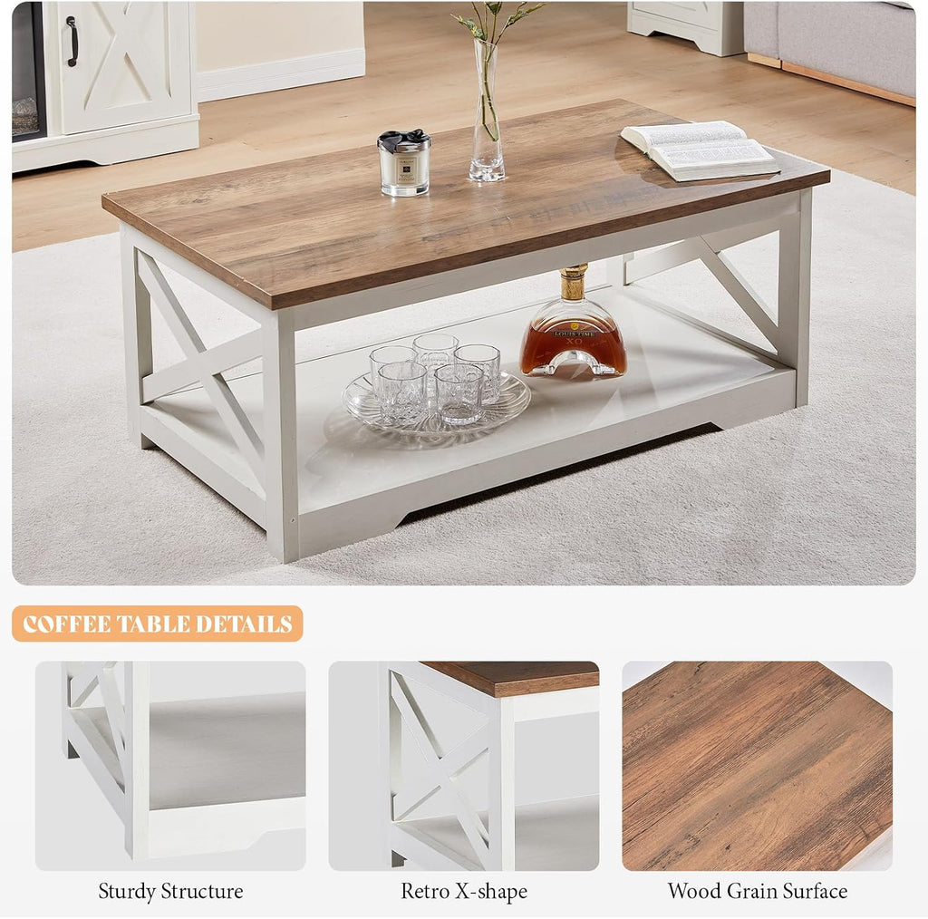 AMERLIFE 5-Piece Farmhouse Table Set Include 63' TV Stand with 26' Fireplace, 40' Coffee Table, 2 End Tables with Charging Station & USB Ports, Living Room Table Sets with Barn Door, Rustic Oak&White