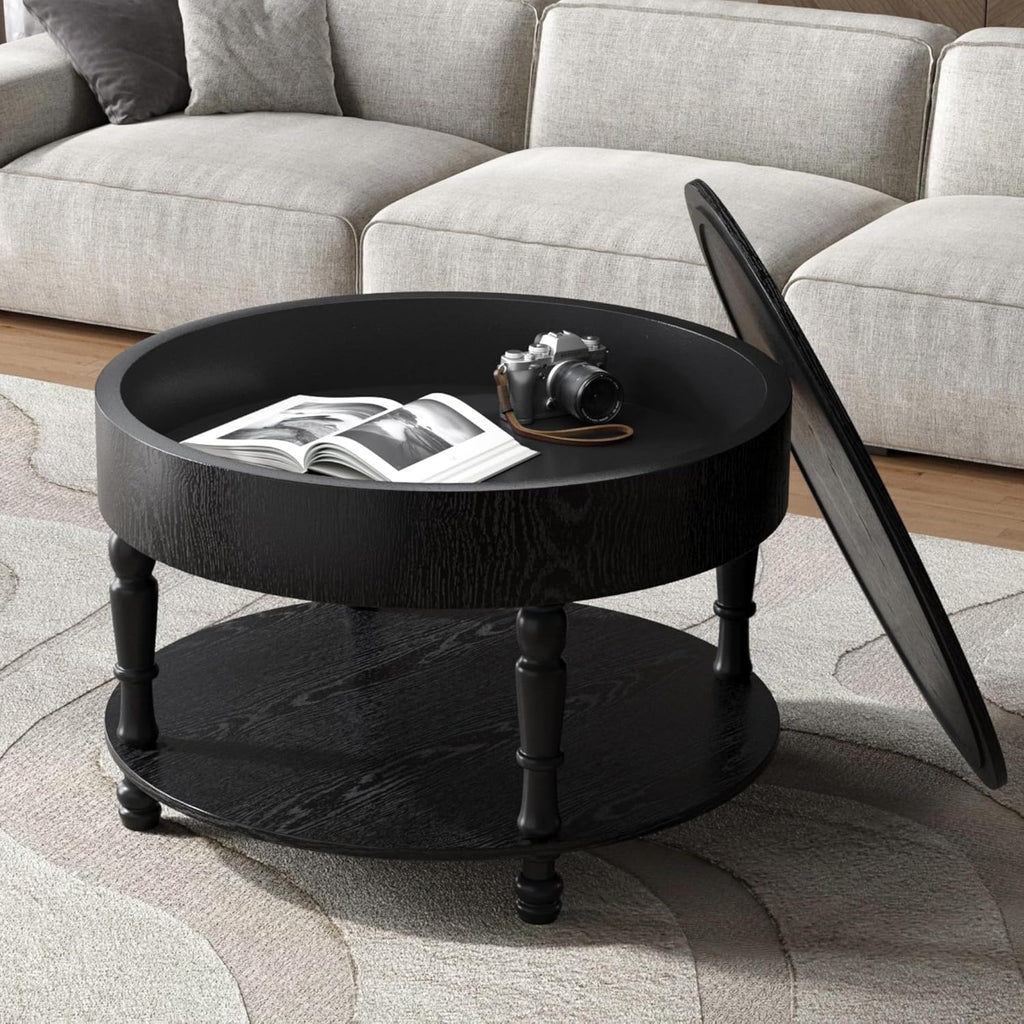 31.5'' Round Coffee Table with Storage Space, 2-Tier Modern Rustic Wood Circle Coffee Table for Living Room, Moveable Table Top & Easy Assembly, Black