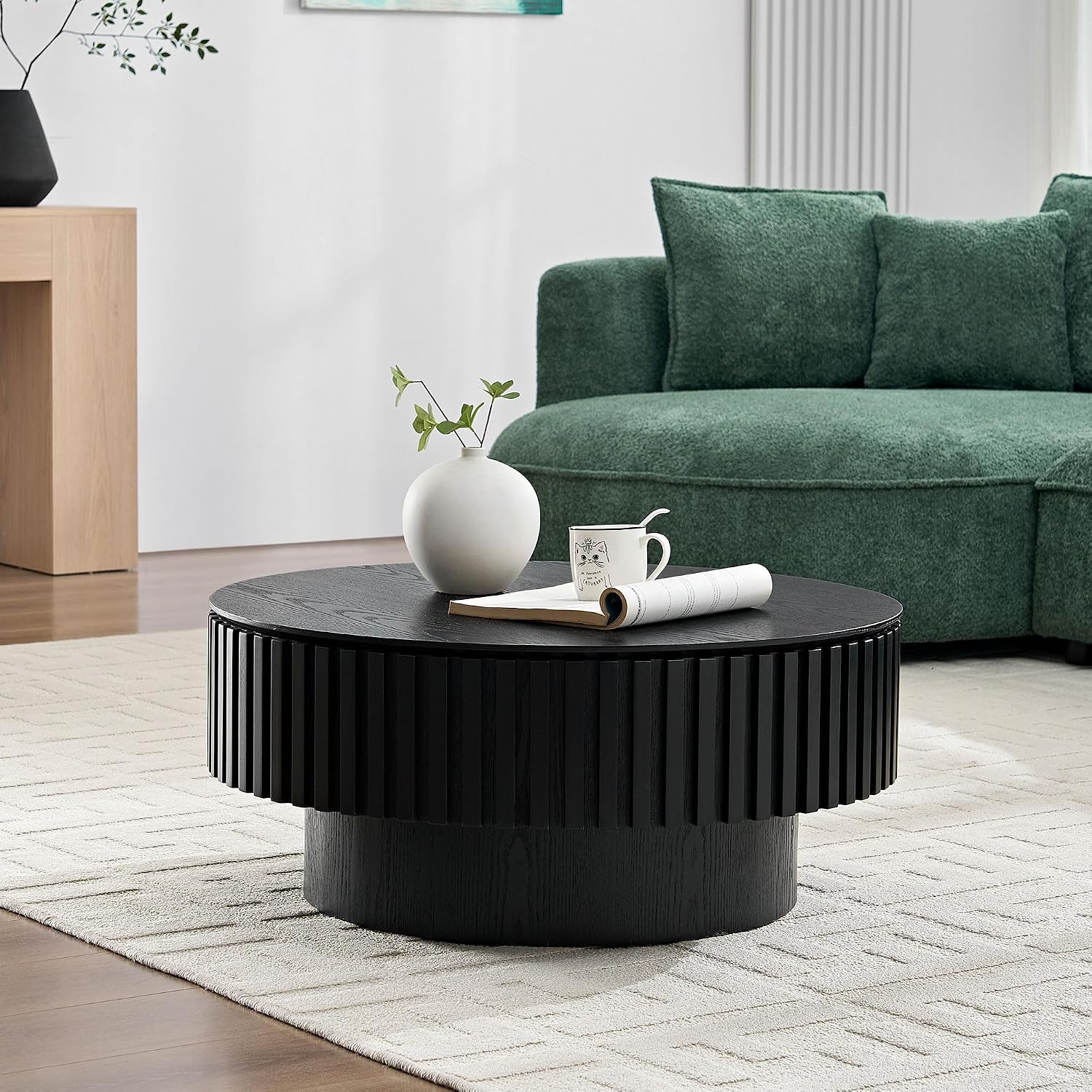 31.49'' Round Coffee Table Modern Wood Coffee Table with Storage for Living Room, Circle Fluted Drum Pedestal Style, Easy Assembly, Black