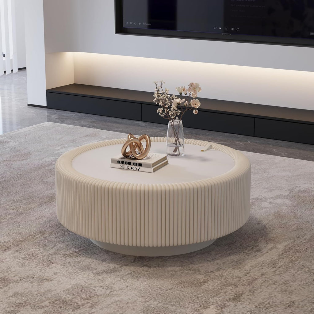 White Round Fluted Coffee Table with Hidden Storage, 31.5' Drum Coffee Table with Tempered Glass Top, PU Leather Body, Baked Enamel Metal Base, Modern Minimalist Circle Tea Table