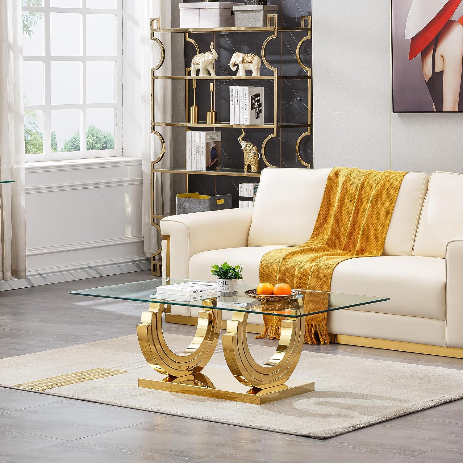2 Pieces Living Room Table Set, Glass Coffee Table Set of 2, Modern Coffee Table and End Table with Three U-Shaped Stainless Steel Base for Living Room (Gold)