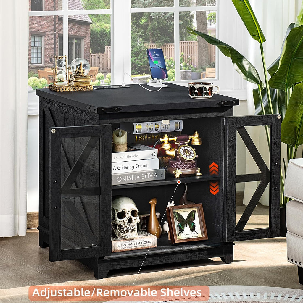Farmhouse End Table Set of 2,24' Large Sofa Side Table with Charging Station Glass Barn Door,Wood Nightstand with Adjustable Storage Shelf,Square Bedside Table for Living Room,Bedroom,Office-Black