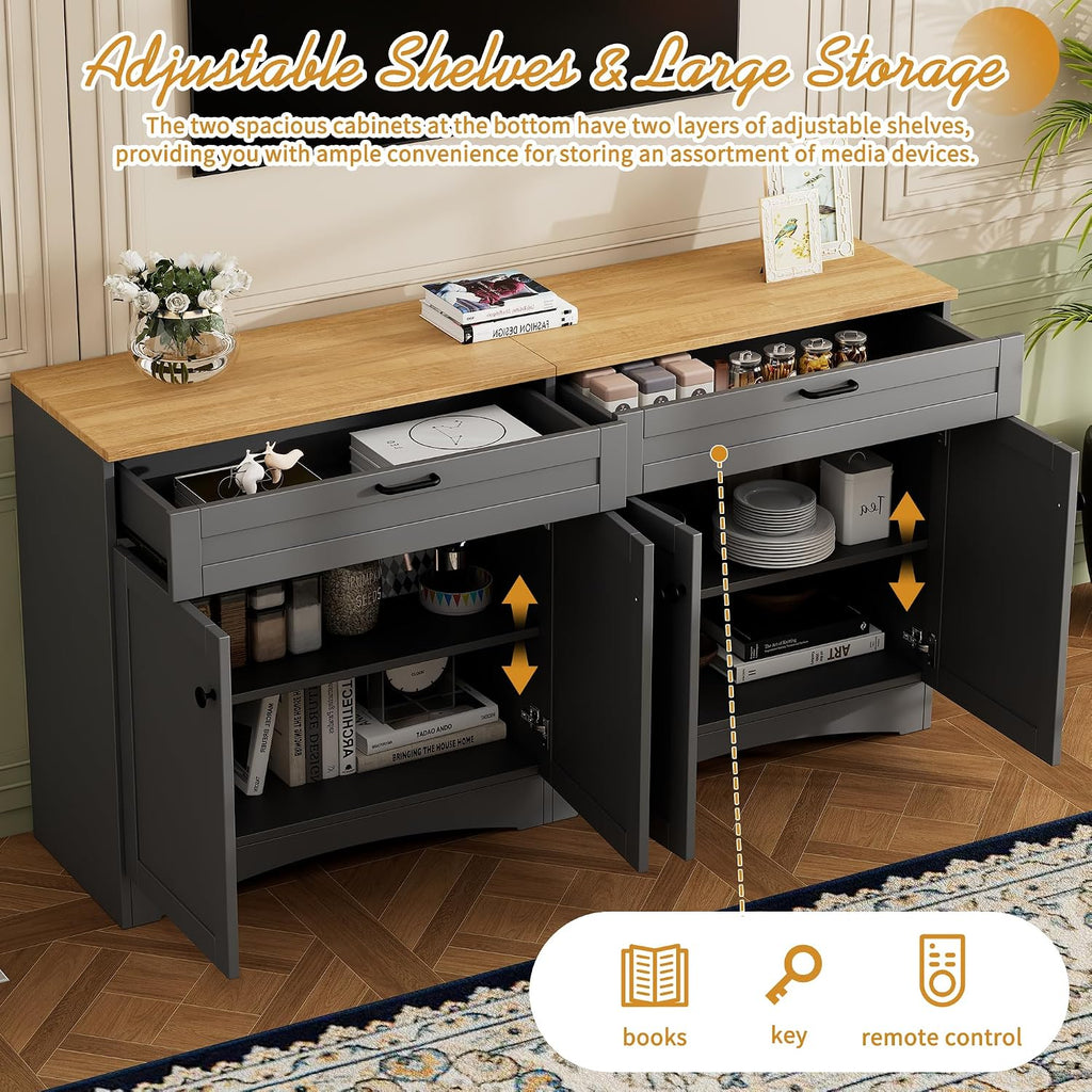 Ball & Cast Farmhouse TV Stand with 2 Drawers for TVs up to 70',Wood Grain Sideboard Buffet Cabinet w/Rustic Handles and Adjustable Shelf,Entertainment Center for Living Room,Bedroom,Grey