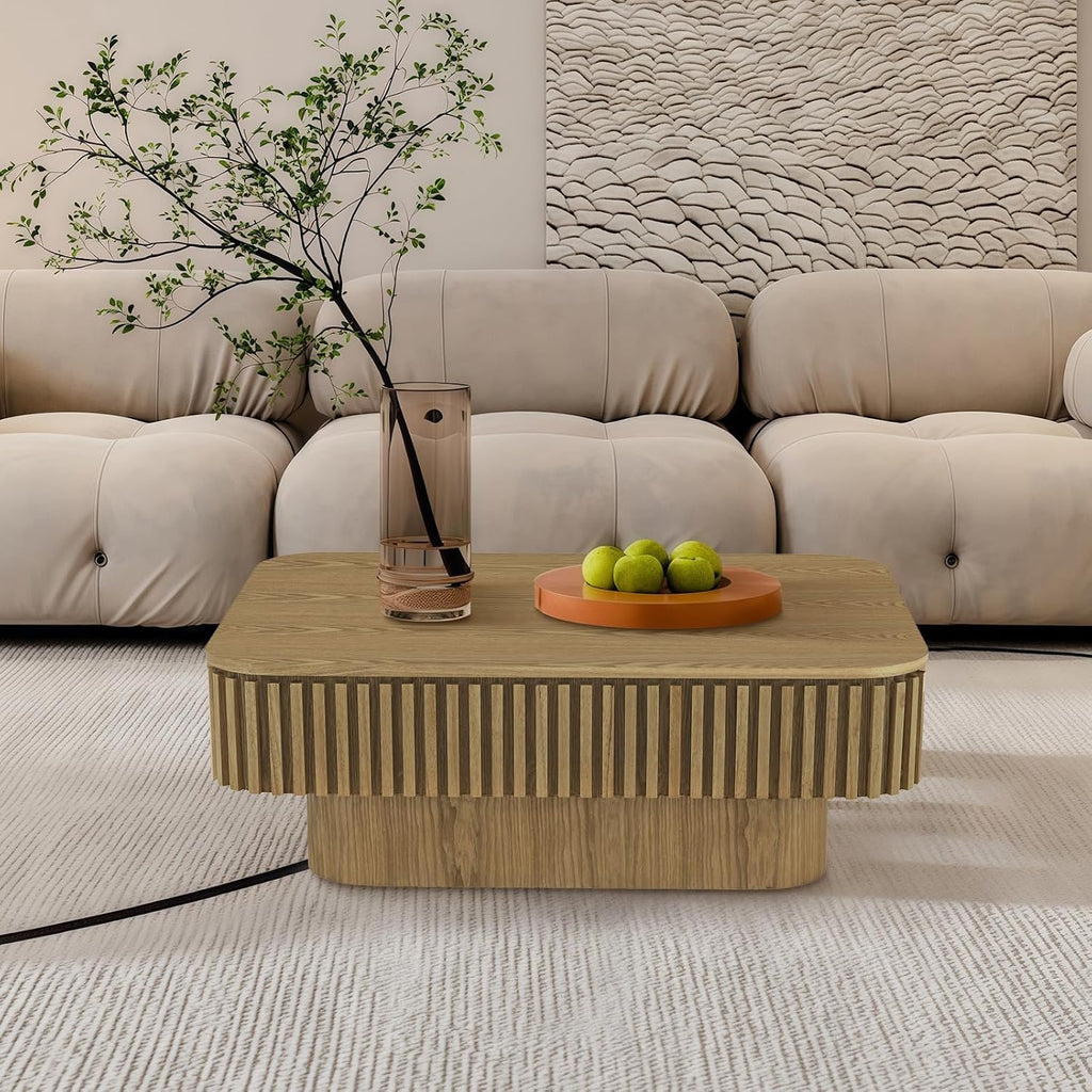 Lift Top Coffee Table for Living Room, Fluted Coffee Tables with Storage, Solid Wood Veneered Modern Accent Tea Center Table for Small Space Apartment (Natural-38.6''D×26.8''H)