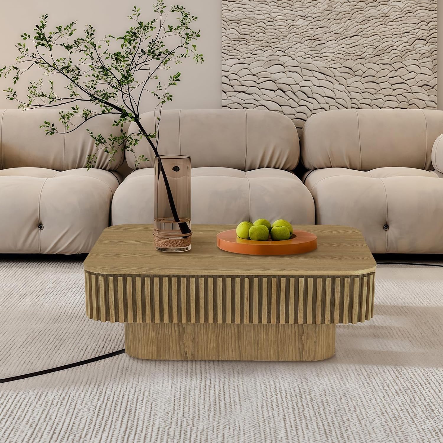 Lift Top Coffee Table for Living Room, Fluted Coffee Tables with Storage, Solid Wood Veneered Modern Accent Tea Center Table for Small Space Apartment (Natural-38.6''D×26.8''H)