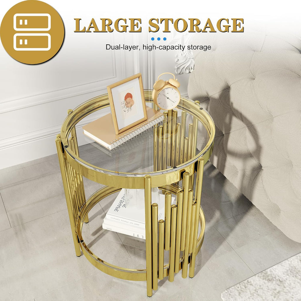 Round Glass End Table 19.69' Modern Coffee Table Living Room Table with Irregular Stainless Steel Leg, Sofa Side Table Clear Top for Home Apartment Office, Gold