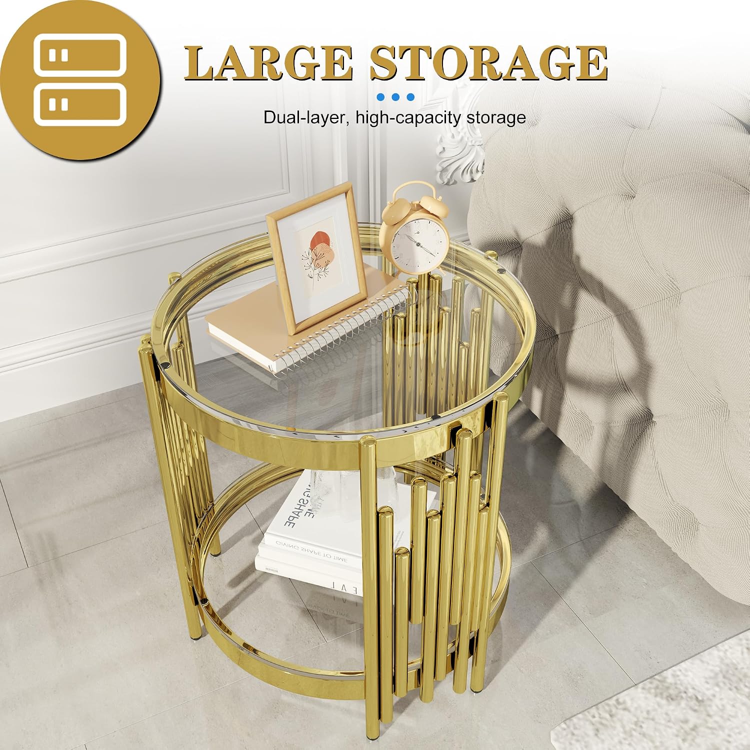 Round Glass End Table 19.69' Modern Coffee Table Living Room Table with Irregular Stainless Steel Leg, Sofa Side Table Clear Top for Home Apartment Office, Gold