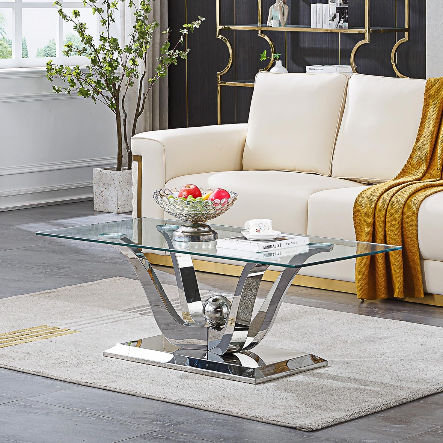 SSLine Modern 1 Piece Living Room Coffee Table Luxury Tempered Glass Coffee Table with Flower-Shaped Stainless Steel Base for Living Room Bedroom Office (1 Coffee Table)