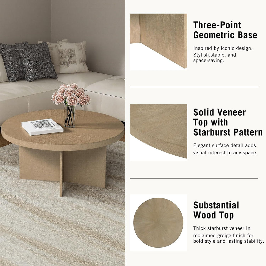 Martha Stewart Sadie Round Coffee Table – Starburst Veneer Top, Reclaimed Greige Wood Finish, Modern Accent for Living Room, Lounge, or Sitting Area, 36' Dia x 16.5' H