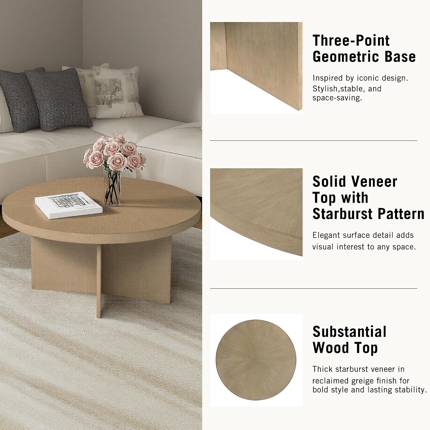 Martha Stewart Sadie Round Coffee Table – Starburst Veneer Top, Reclaimed Greige Wood Finish, Modern Accent for Living Room, Lounge, or Sitting Area, 36' Dia x 16.5' H