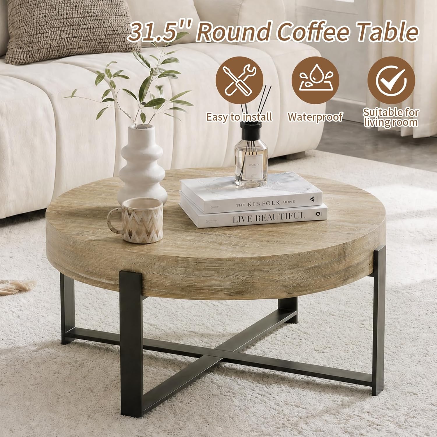 Round Coffee Table, Small Wood Coffee Table with Storage, Modern Rustic Distressed Wood Grain Circle Tables Accent Center Tables for Living Room Apartment Small Space (31.5''D-Retro Natural)