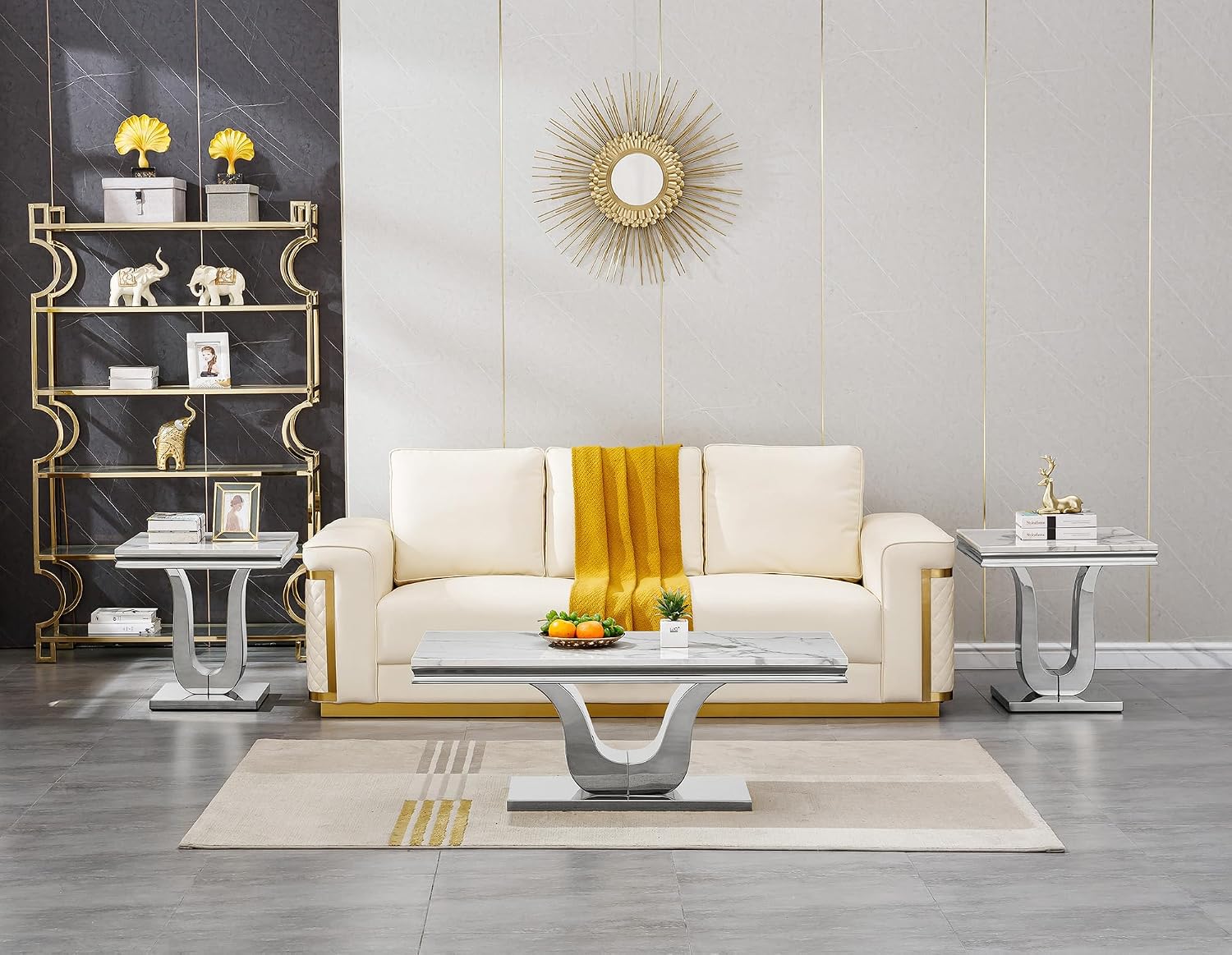 3 Pieces Coffee Table Set, Faux Marble Living Room Table Set of 3, Modern Coffee Table and 2 End Tables with U-Shaped Stainless Steel Base for Living Room (White Silver)