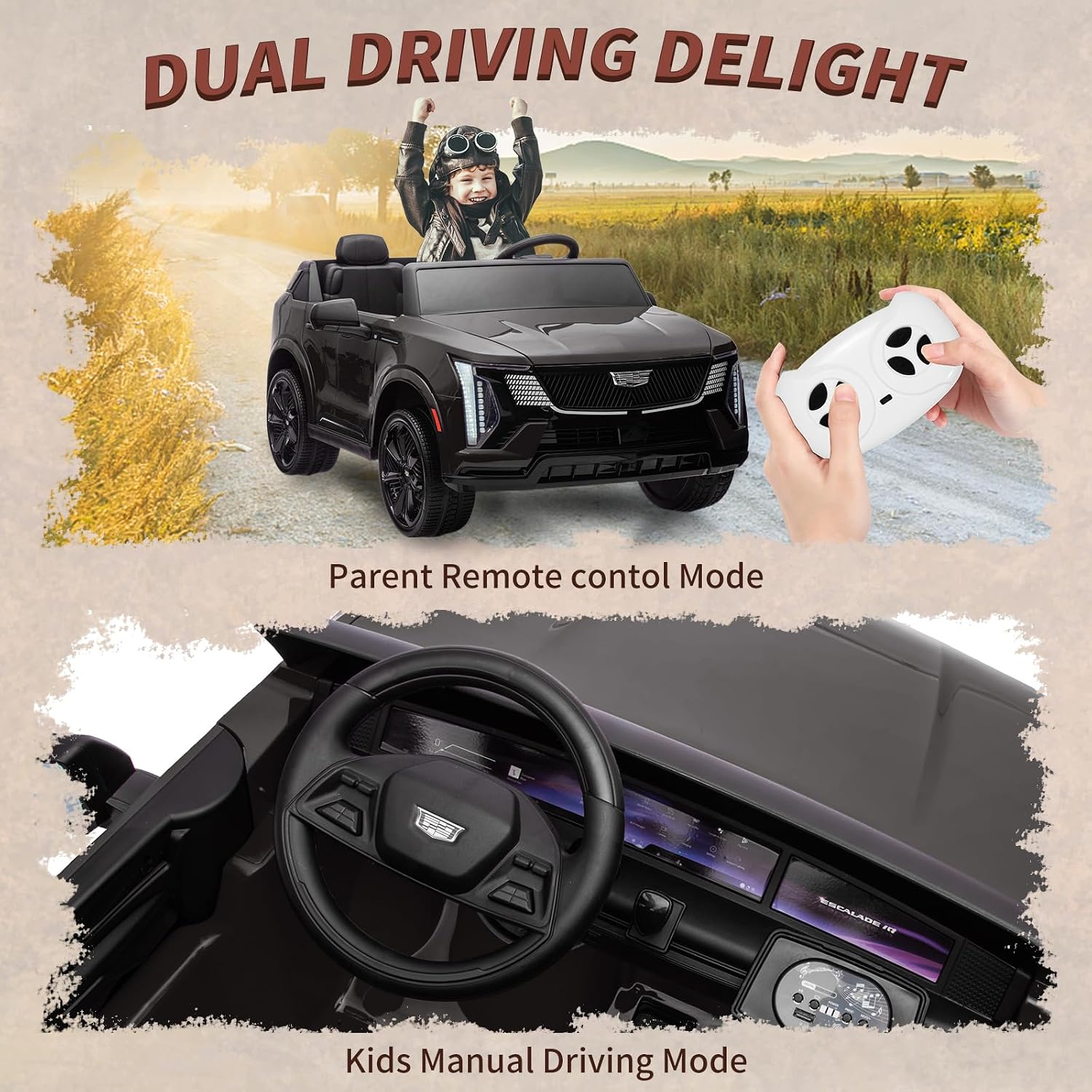 24V Ride On Car, Licensed Cadillac Battery Powered Electric Vehicle w/Remote Control, 2 Seater, 4-Wheel Shock Absorbers, Smooth Start, Music, LED Lights for Boys Girls
