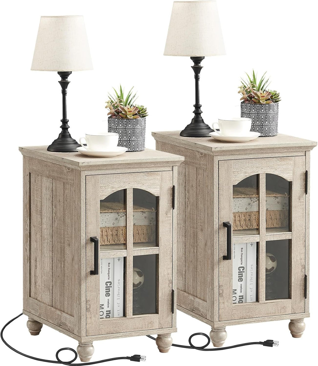 Narrow Side Table Set of 2,Farmhouse Nightstand with Charging Station,End Table with Glass Barn Door Storage, Cabinet Organizer with Adjustable Shelf, Night Stand for Small Spaces Living Room Bedroom
