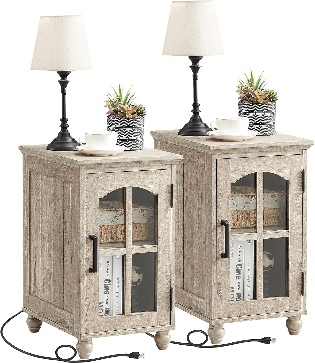Narrow Side Table Set of 2,Farmhouse Nightstand with Charging Station,End Table with Glass Barn Door Storage, Cabinet Organizer with Adjustable Shelf, Night Stand for Small Spaces Living Room Bedroom