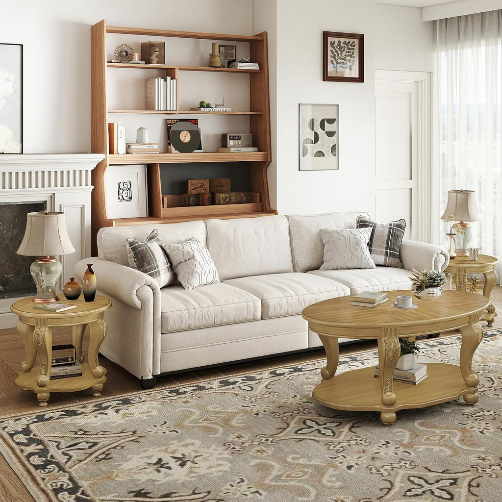 LKTART 3-Piece Coffee Table Set, Coffee Table and Round End Tables Set of 2, Victorian Living Room Coffee Table Sets, Antique Natural