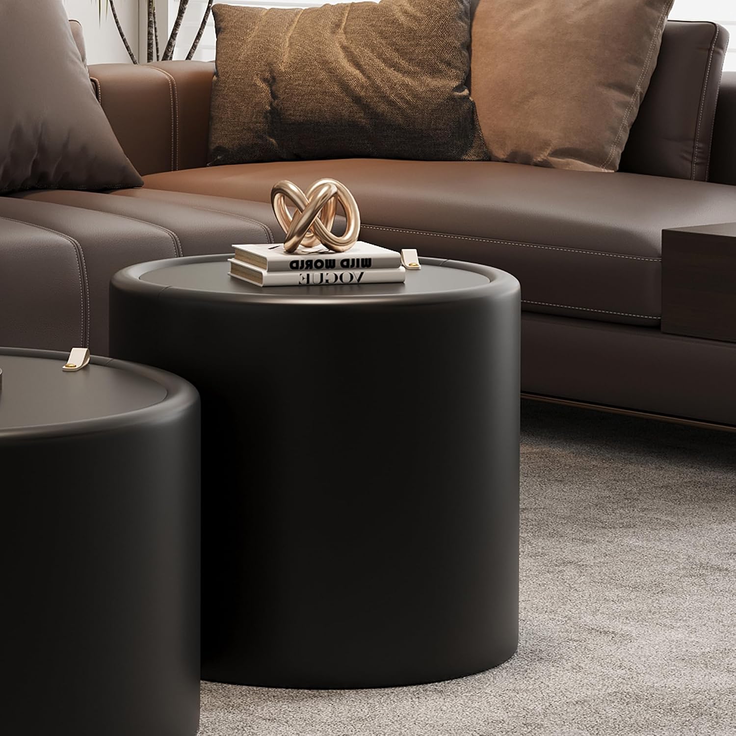Black Round End Table with Tempered Glass Top, PU Leather Accent Side Table with Hidden Storage, No Assembly Required Modern Coffee Tables for Living Room