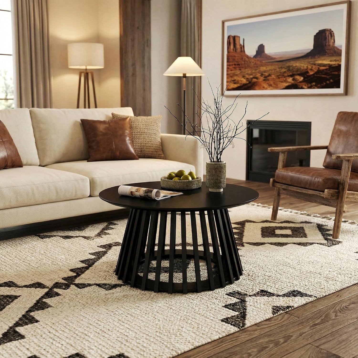 HNY Modern Black Round Coffee Table for Living Room, Mid Century Wood 31.5' Circle Small Center Table with Wooden Fluted Base for Home Small Space, Bedroom, Apartment, Studio