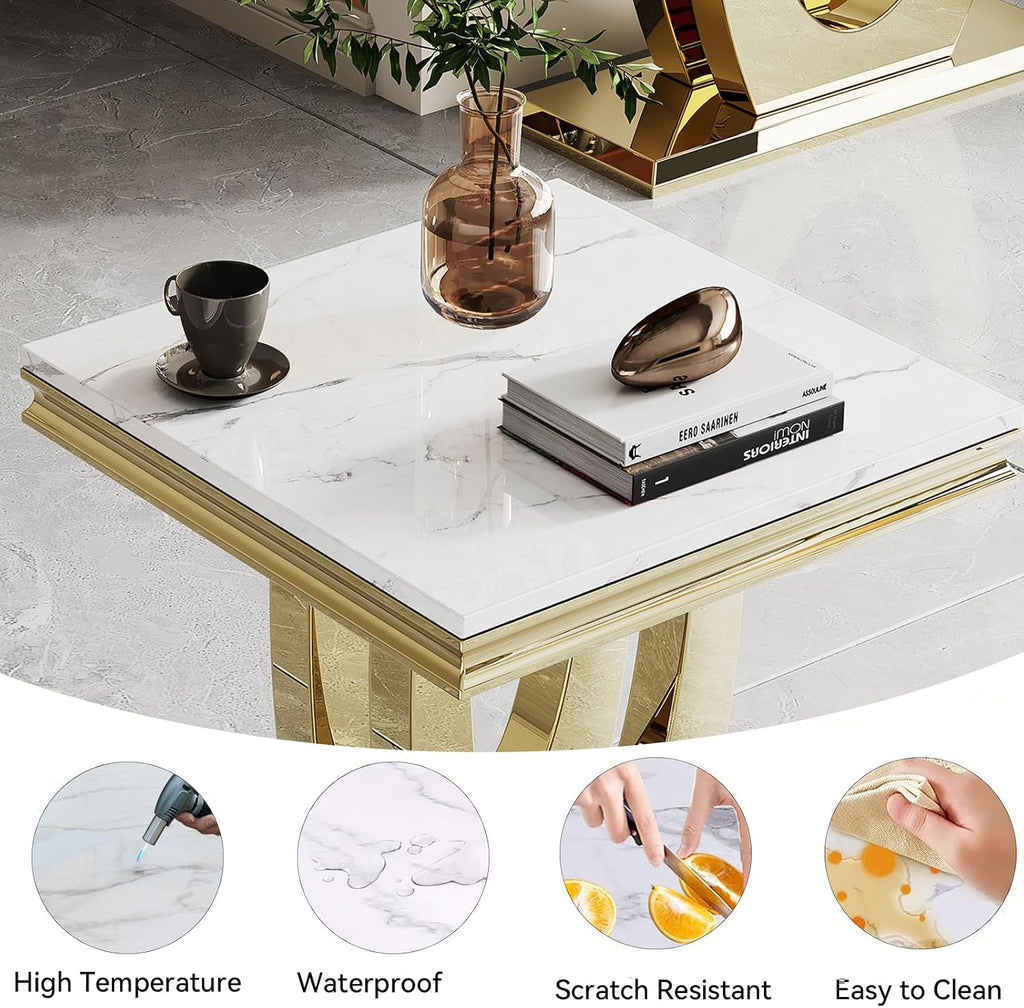 Modern Marble End Table,22' Suqare Side Table with Gold U-Shape Stainless Steel Base,Luxury White Faux Marble End Table Nightstand Pedestal Stand Lamp Table for Hallway, Living Room, Bedroom