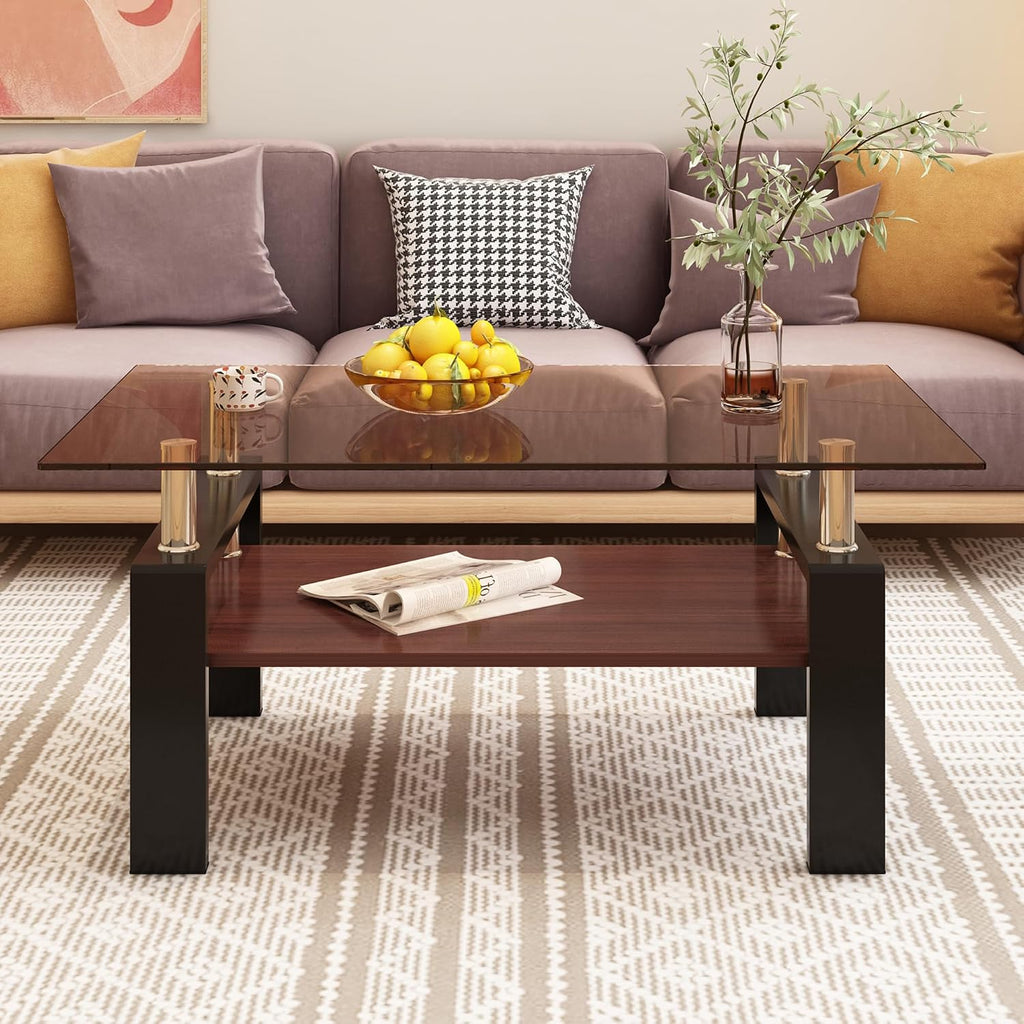 Brown Glass Coffee Table Sets of 3 for Living Room, 39' Mordern End Tables with Storage, Walnut Wooden Shelves & Black Metal Leg, Rectangle Center Table for Small Space Apartment