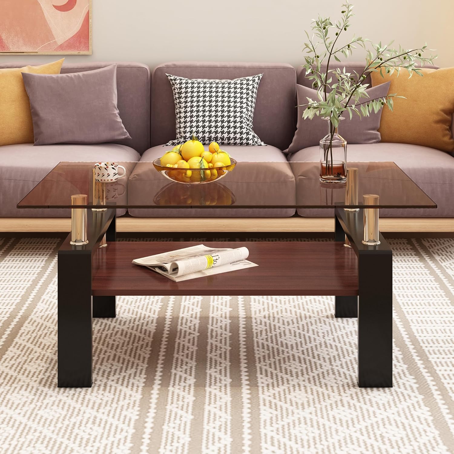 Brown Glass Coffee Table Sets of 3 for Living Room, 39' Mordern End Tables with Storage, Walnut Wooden Shelves & Black Metal Leg, Rectangle Center Table for Small Space Apartment