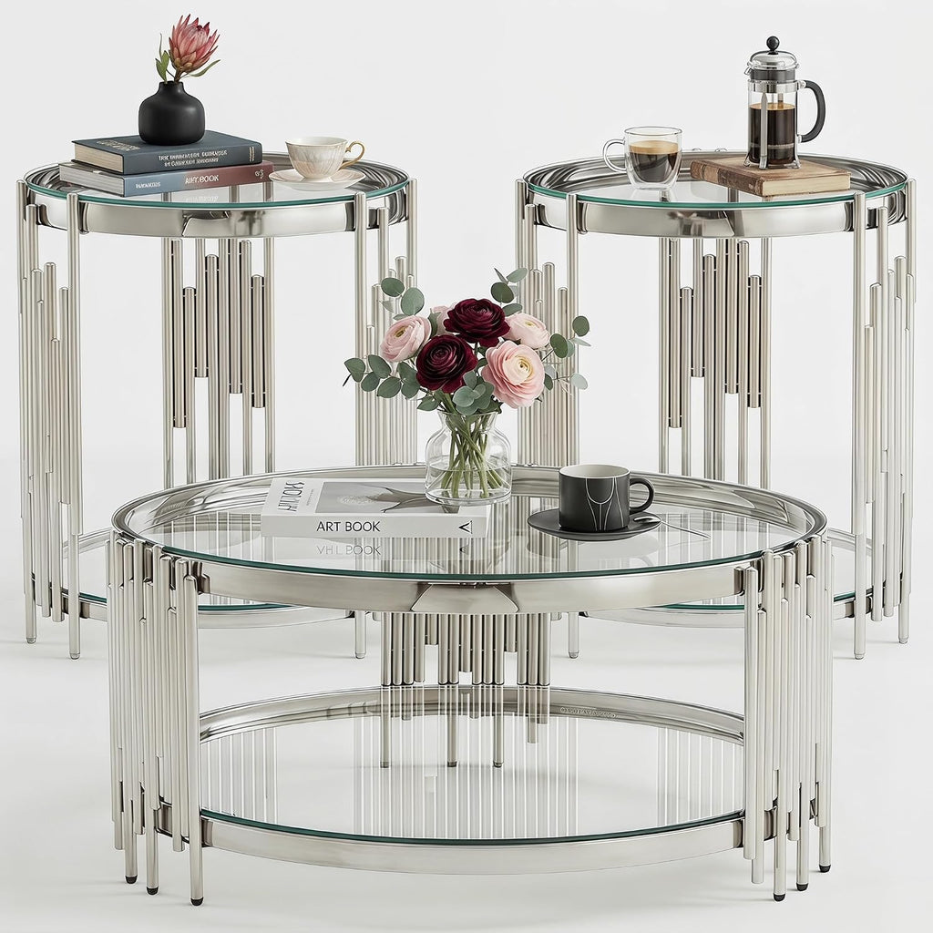 3 Piece Round Glass Coffee Table Set of 3, 31.5' Circle Coffee Table and 2 End Tables Set with Silver Stainless Steel Frame, Modern 2-Tier Clear Silver Living Room Table Set for Home Office