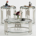 3 Piece Round Glass Coffee Table Set of 3, 31.5' Circle Coffee Table and 2 End Tables Set with Silver Stainless Steel Frame, Modern 2-Tier Clear Silver Living Room Table Set for Home Office