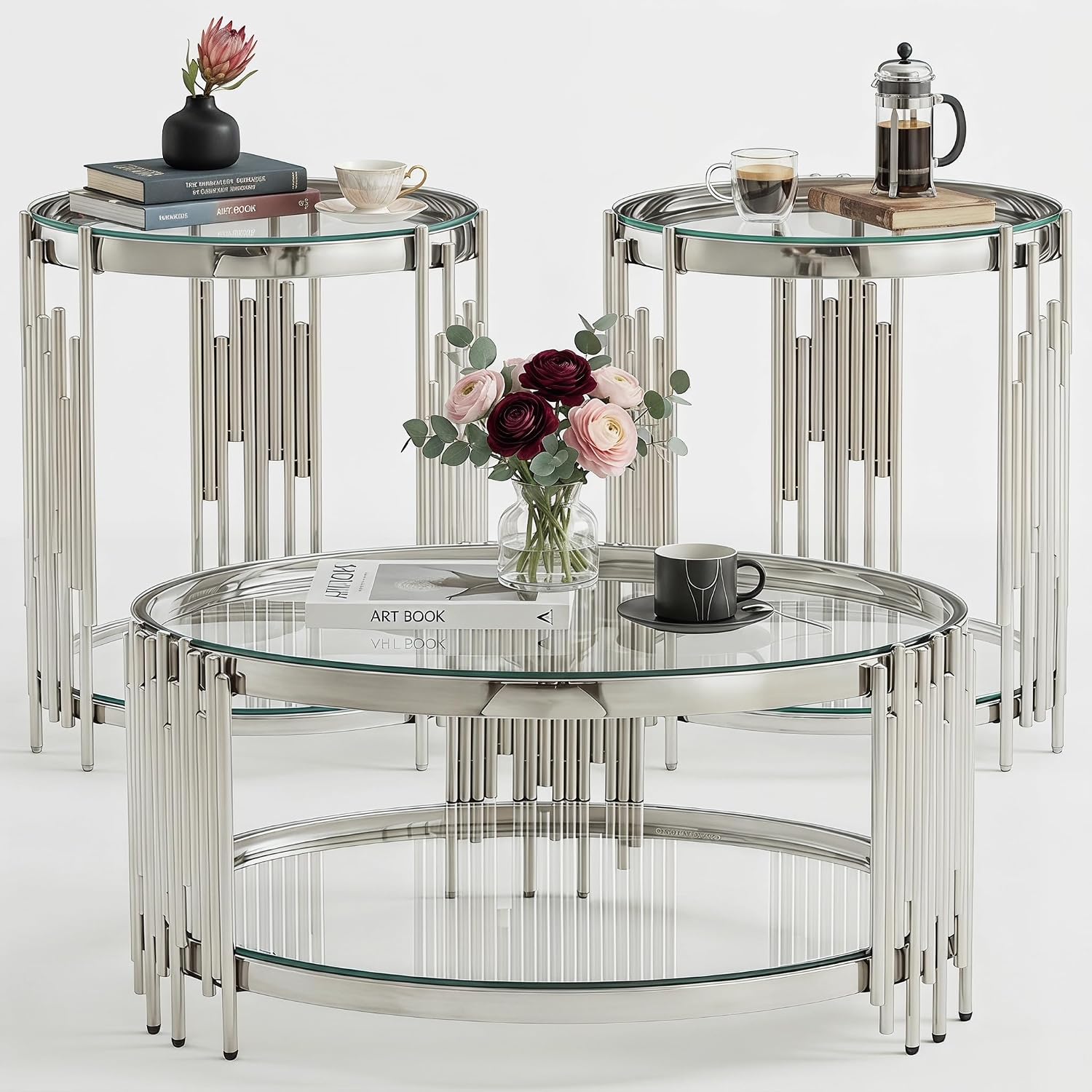 3 Piece Round Glass Coffee Table Set of 3, 31.5' Circle Coffee Table and 2 End Tables Set with Silver Stainless Steel Frame, Modern 2-Tier Clear Silver Living Room Table Set for Home Office