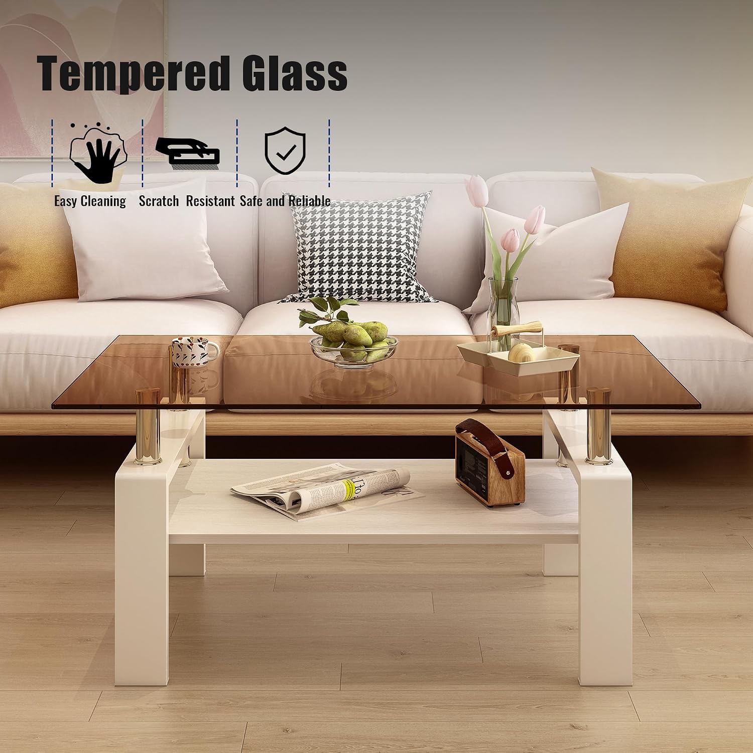 Glass Coffee Table Sets of 3 for Living Room, Mordern End Table Sofa Side Tables with Storage, White Metal Leg, Brown Glass Tabletop Rectangle Tempered Center Table Home Furniture Set