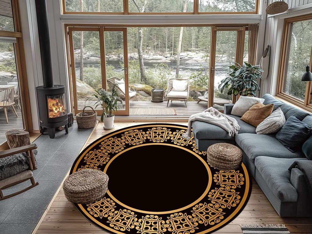 Black and Gold Retro Floral Frame Border Round Rug for Living Room Bedroom Guestroom Machine Washable Soft High Traffic Circle Carpet Under Dining Coffee Table Indoor Circular Rug Mat 7ft