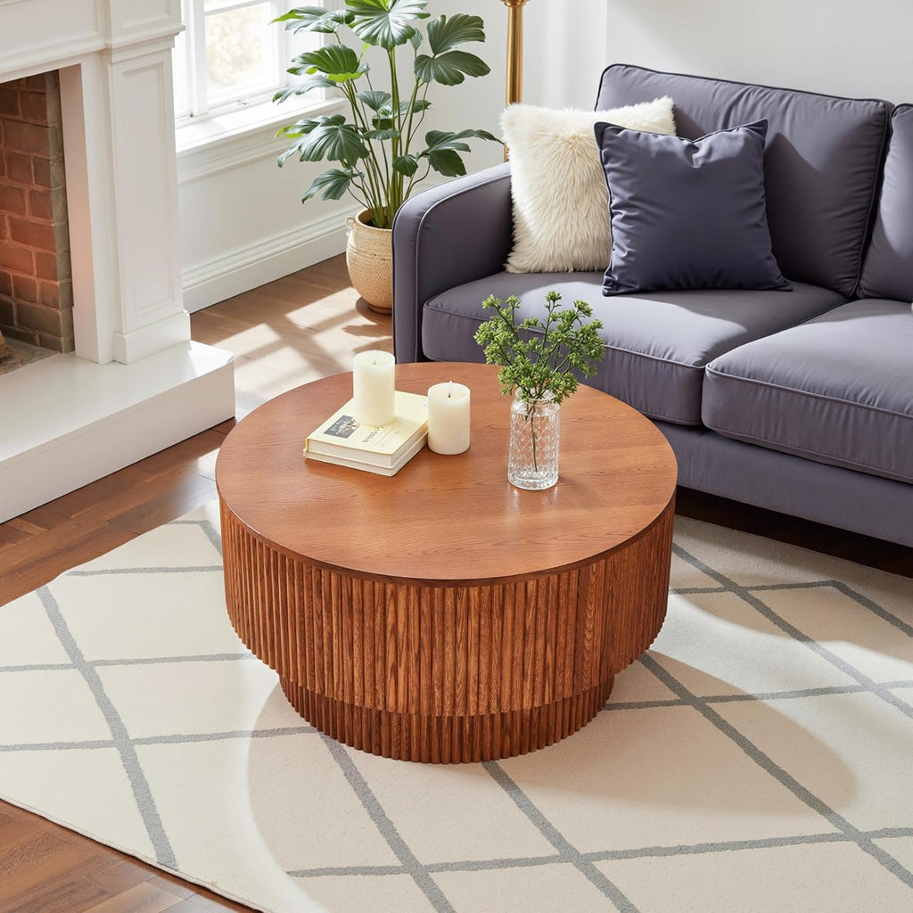 31.49' Wood Round Coffee Table for Living Room, Fluted Circle Coffee Table with Storage, Modern Handcraft Coffee Table for Apartment, Easy Assembly(Espresso, 31.49'x31.49'x15.74')