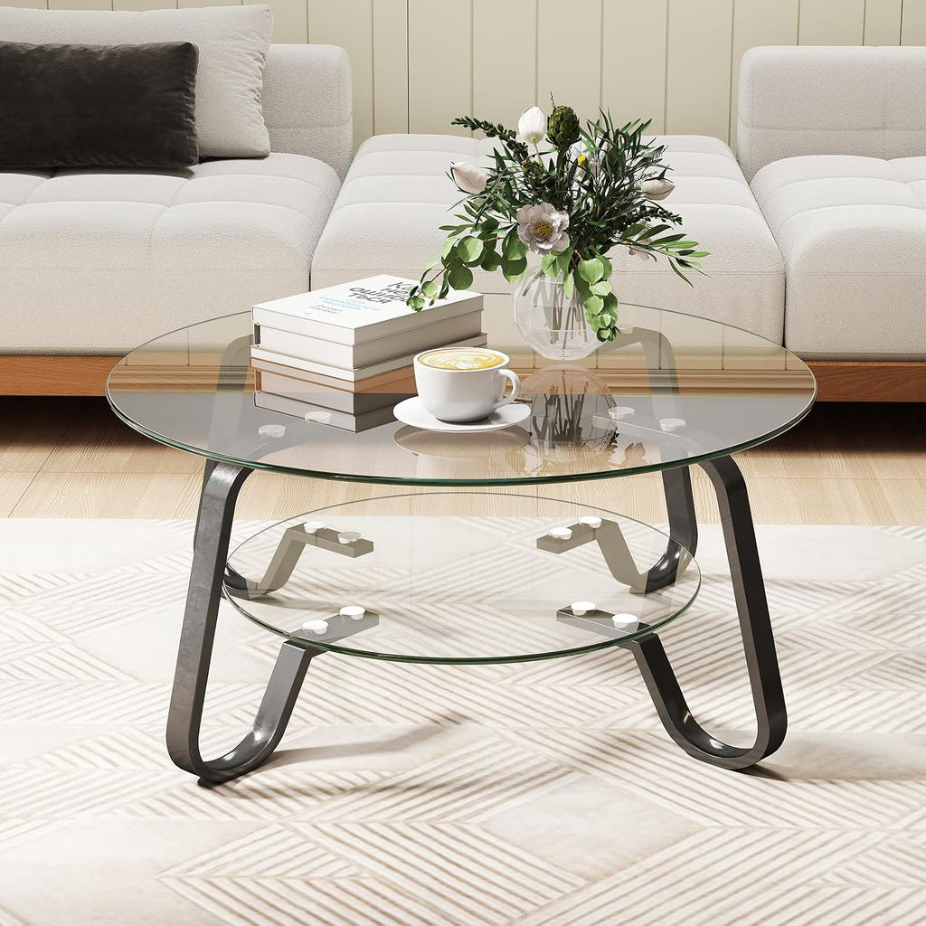 Rovibek Round Glass Coffee Table, 31.5 Modern Glass Coffee Tables with Storage and Metal Frame, 2-Tier Tempered Glass Top Small Center Table for Living Room, Easy Assembly, Black