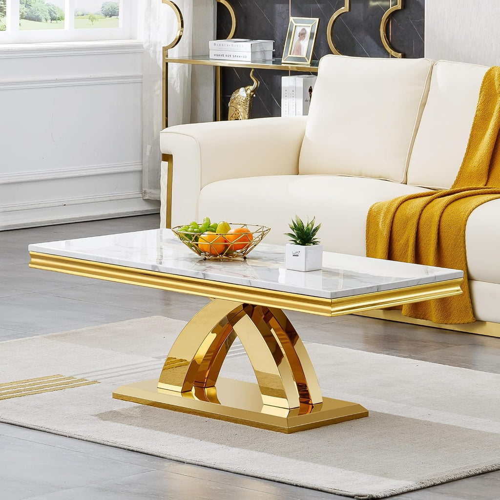 Faux Marble Coffee Table Set Living Room Table Set, Modern Rectangular Coffee Table 2 End Table with Faux Marble Top X Shape Stainless Steel Base for Home Office