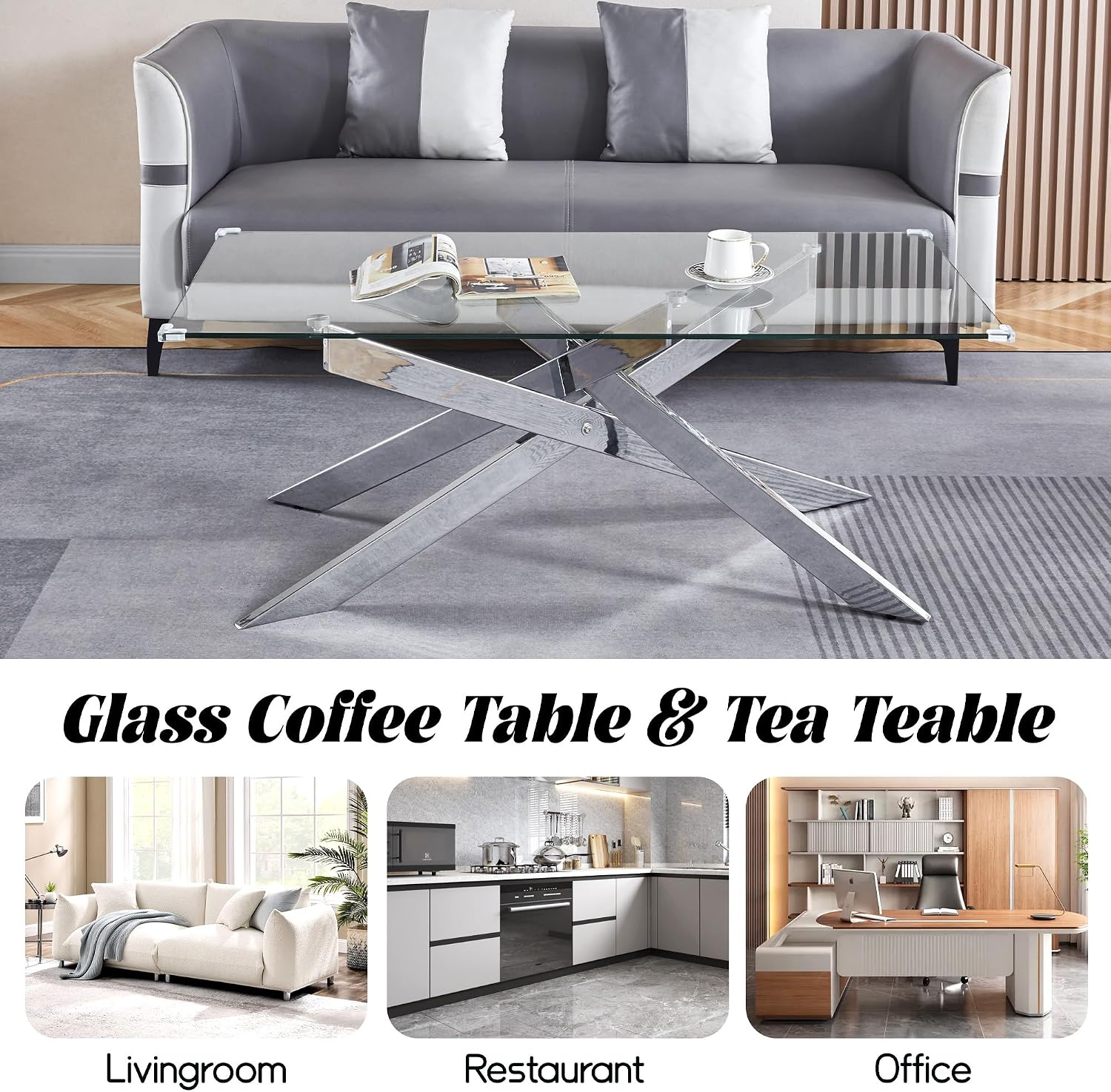 47 Inch Glass Coffee Table, Modern Rectangle Center Table with Clear Tempered Glass Top and Silver Metal Legs for Living Room, Apartment, Office, Easy to Clean
