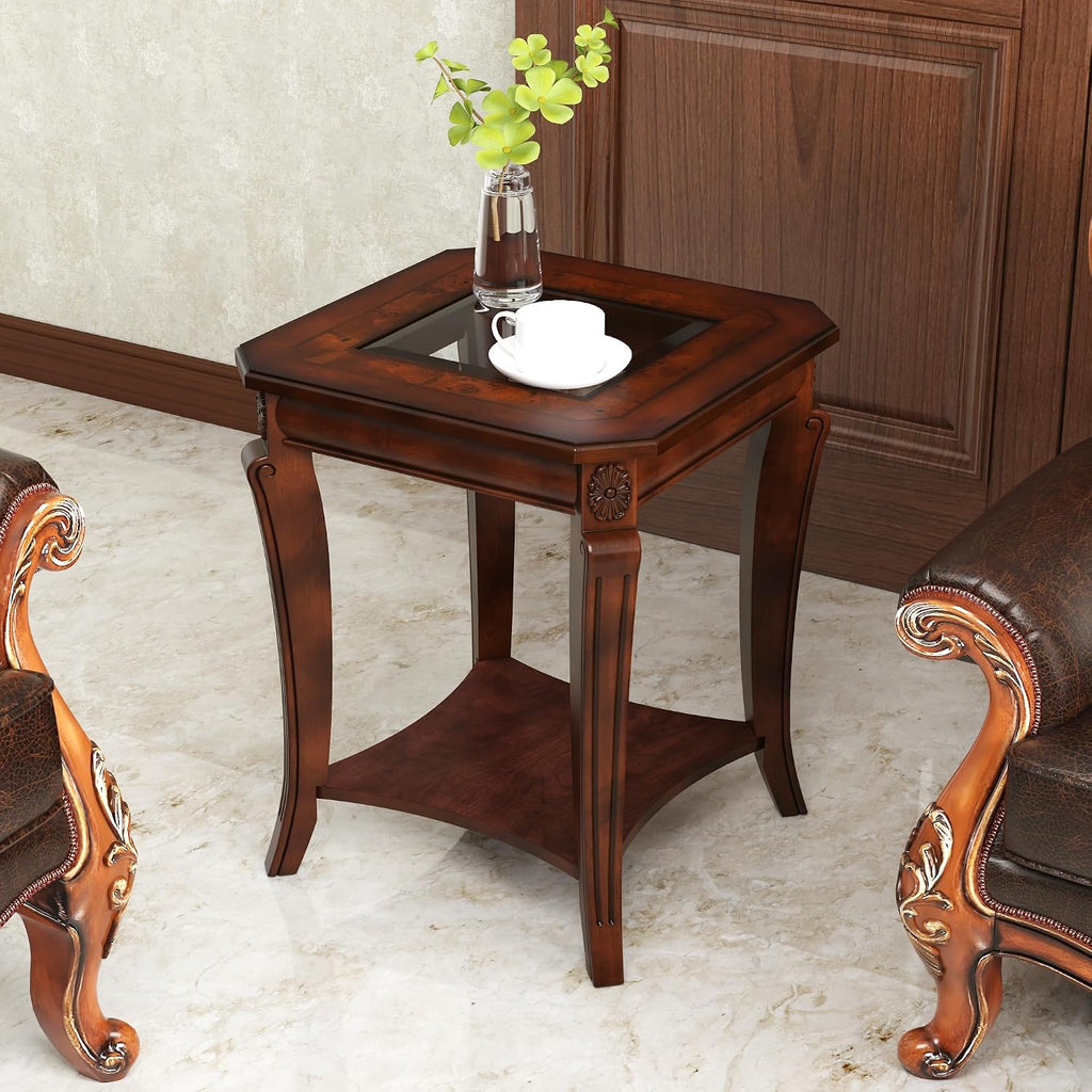 LEEMTORIG Coffee Table Set of 3 for Living Room, 3 Piece Glass Top Coffee Table and End Tables Set, Solid Wood Queen Anne Style 2-Tier Tables with Storage, Cherry Walnut KFZCJZ-A1168-GT