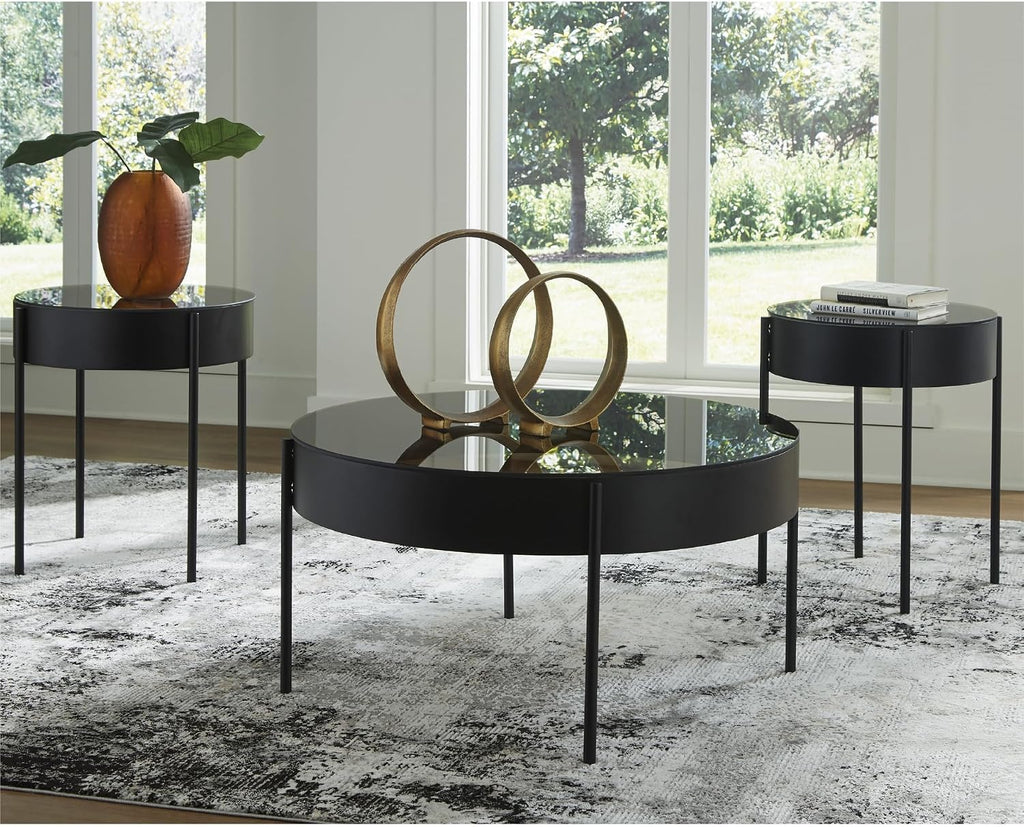 Signature Design by Ashley Ardoline Modern Tempered Glass Tabletop Table Set with 4 Legs, Set of 3, Black