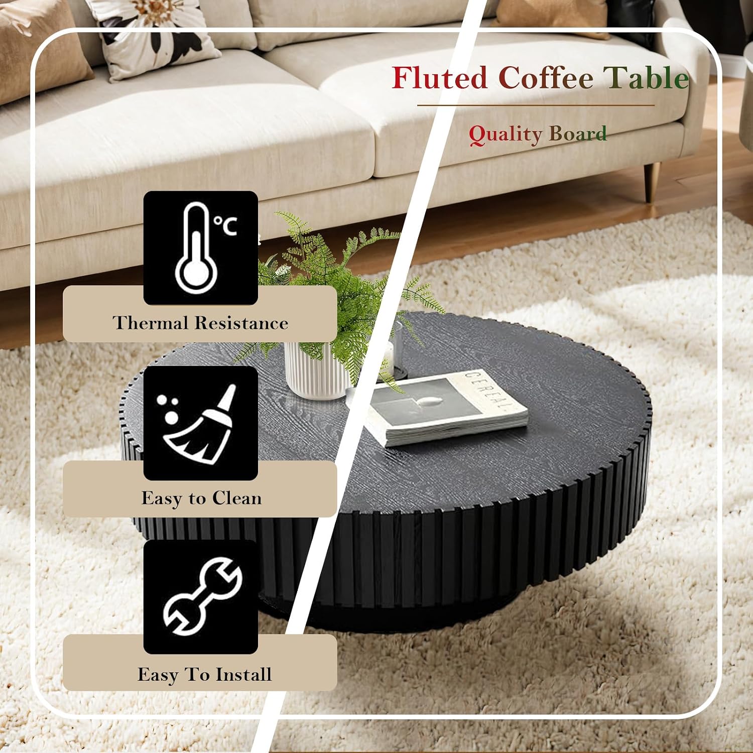 Black Fluted Coffee Table Mid Century Circle Center Tables for Living Room Chic Round Drum End Table for Small Space Easy Assembly (Round Black 31.5in)
