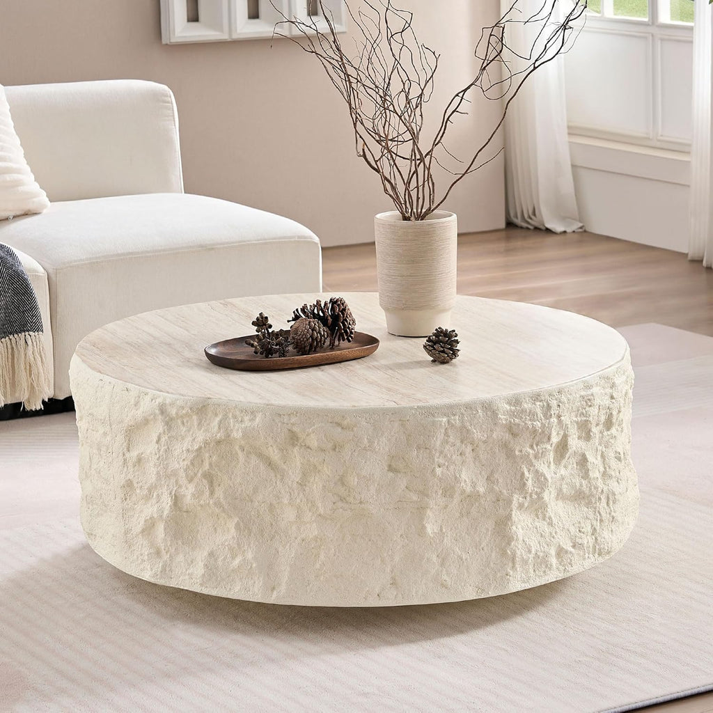 Faux Rock Coffee Table with Round White Design,Drum Coffee Table Fiberglass Circle Tea Table for Living Room Accent Central Table No Need Assembly