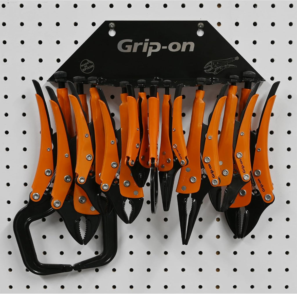 Grip-On 10 Piece Essential Locking Pliers and Clamp Set | Straight & Curved Jaws, Long Nose, Wire Cutter & C-Clamps | Premium Welding Pliers & Sheet Metal Tools with Storage Rack