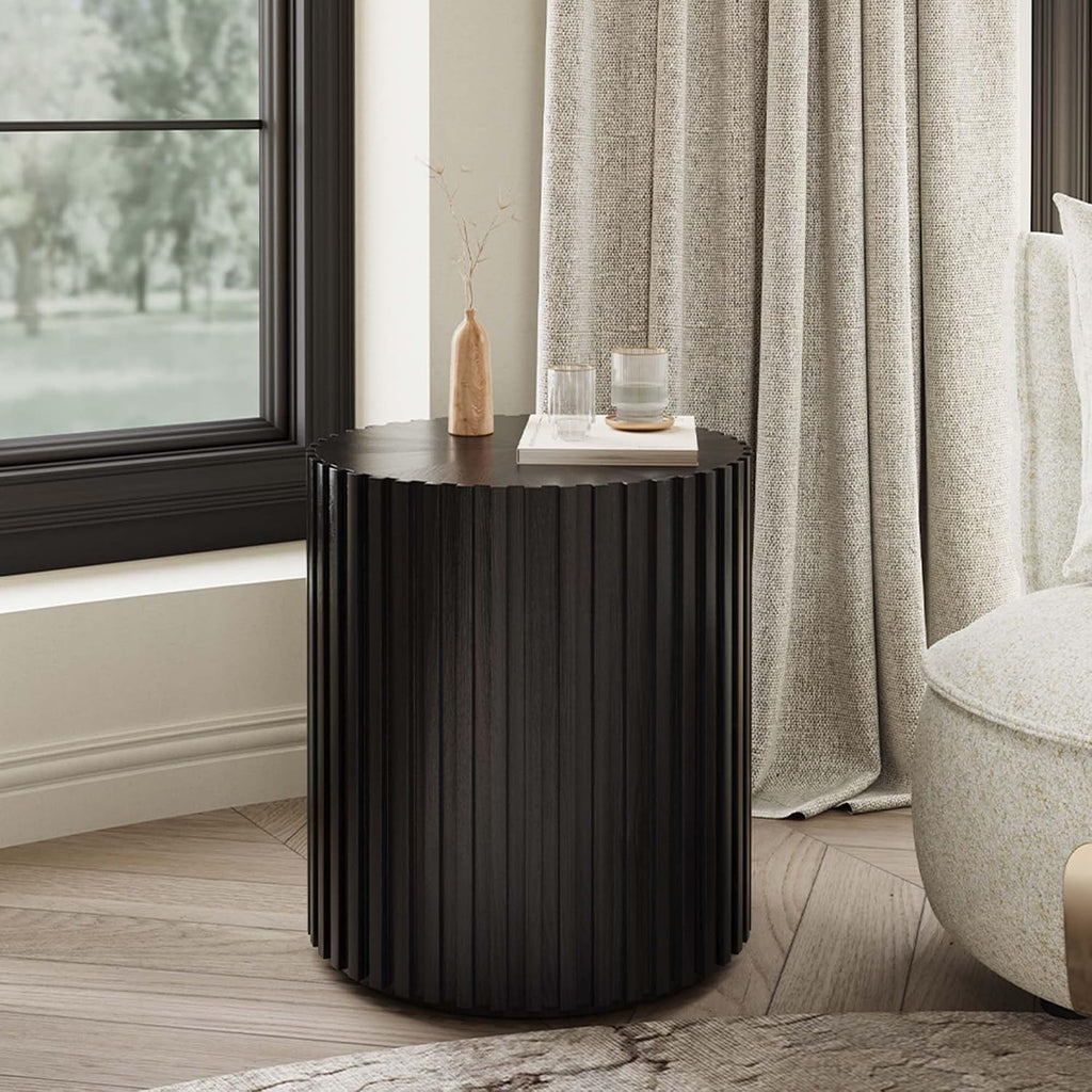 POVISON Side Table, Round Wood Coffee Table Modern Side Table End Table for Living Room, Fluted Coffee Table, Black, Fully Assembled