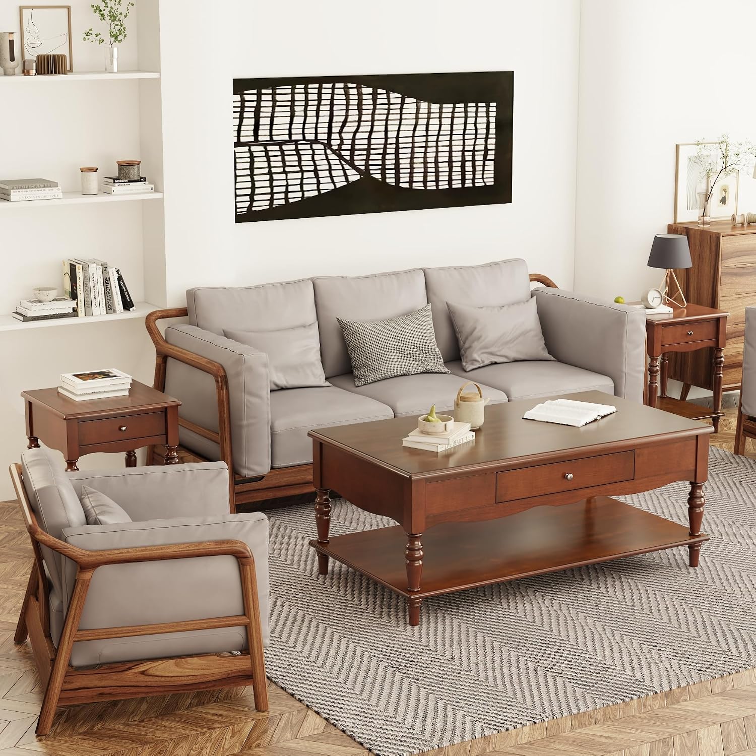 Living Room Table Set-One Rectangular Coffee Table and Two Square End Tables with Storage Drawer, Elegant Vintage Sofa Center Table with Wood Carved legs, No-Tools Assembly, Caramel Brown KFZ-BZ-C008