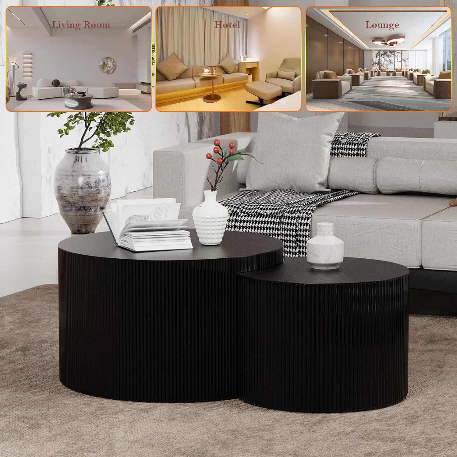 Nesting Coffee Table with Non-Slip Mat Vertical Stripe Design Round Fluted Side Table Set of 2 - No Assembly Required for Living Room Bedroom Balcony Yard (I-27.6+19.7in)