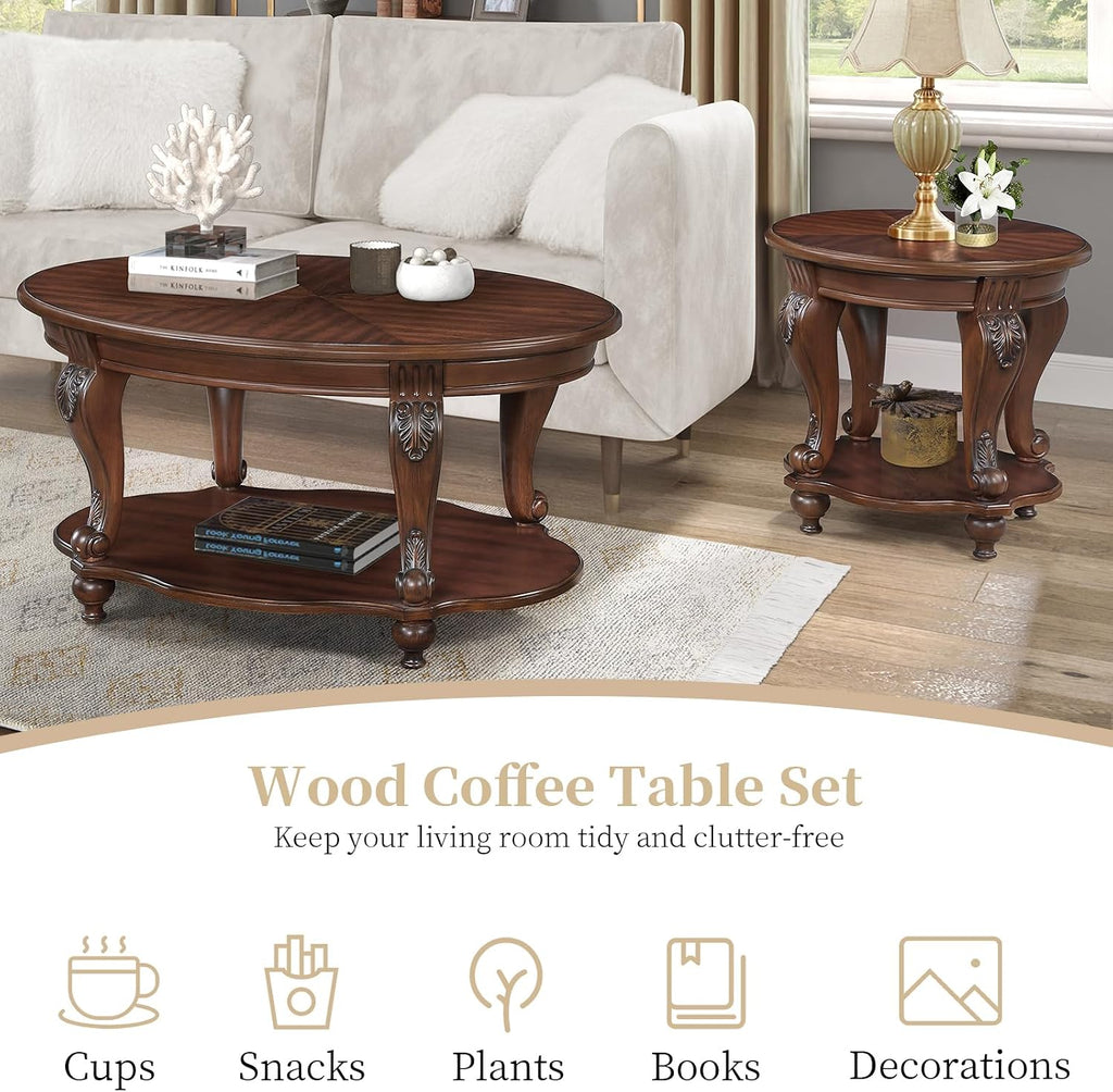 Wood Coffee Table Set for Living Room Round End Tables Set of 2, Antique Coffe Table Legs with Elegant Carvings, Cherry