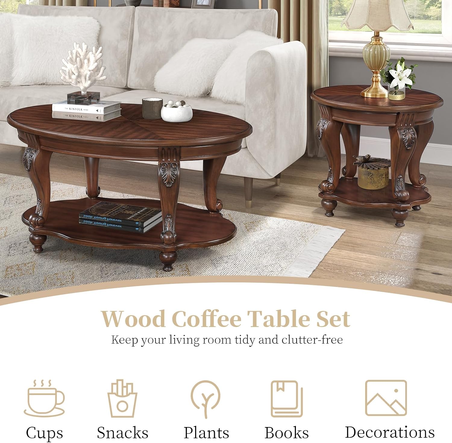 Wood Coffee Table Set for Living Room Round End Tables Set of 2, Antique Coffe Table Legs with Elegant Carvings, Cherry