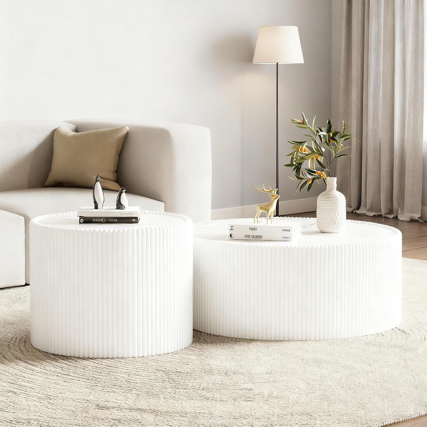 Modern Round Coffee Table Set of 2 Luxury Sintered Stone Top Coffee End Table in White Leatherette Drum-Shape Small Coffee Side End Tables for Living Room,Fully Assembled