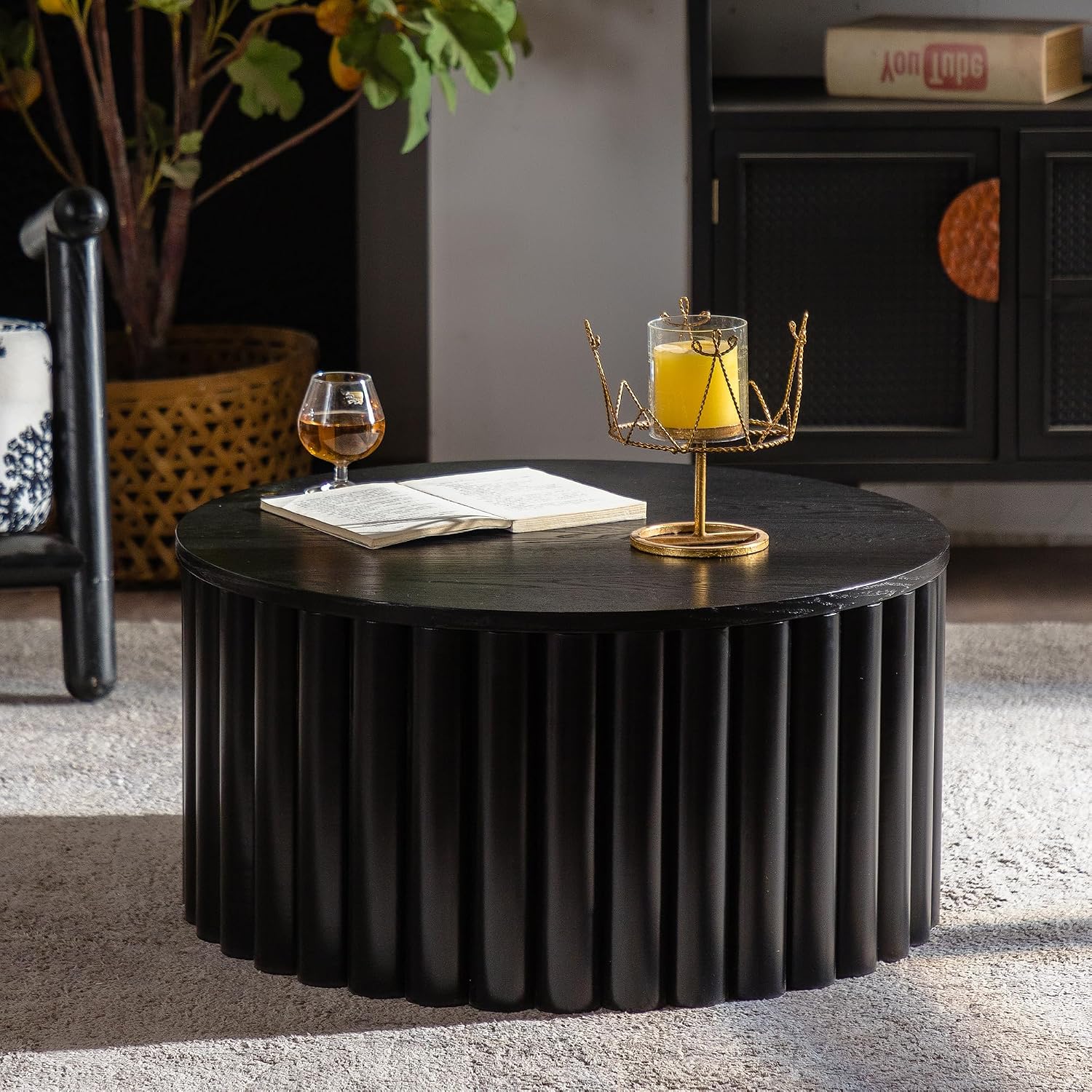 ø27.55'' Round Lift Top Coffee Table with Hidden Storage Space, Modern Drum Handcraft Wood Fluted Coffee Table for Living Room, No, Assembly, Black