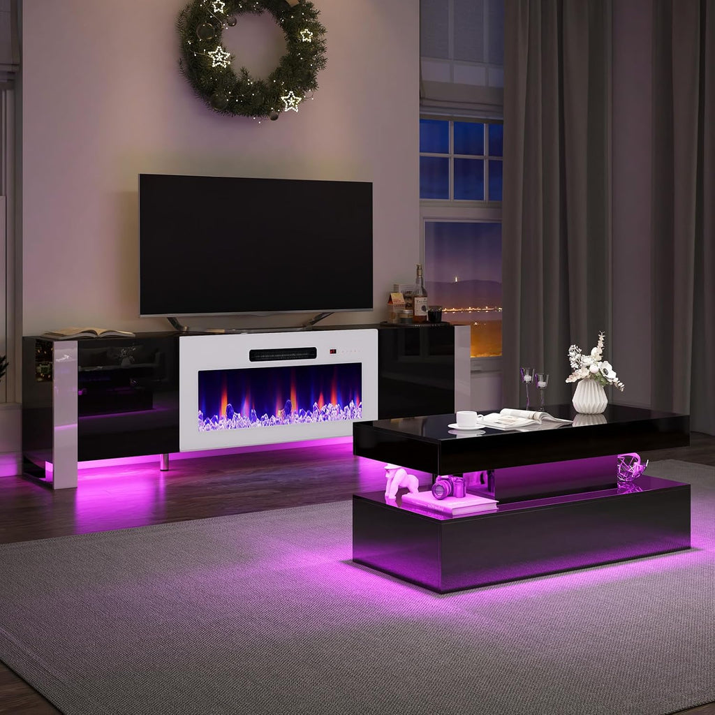 VanAcc 3-Piece Modern Living Room Table Sets, 70' Modern LED TV Stand with 36' Electric Fireplace, High Gloss Coffee Tables for Living Room, Black & White